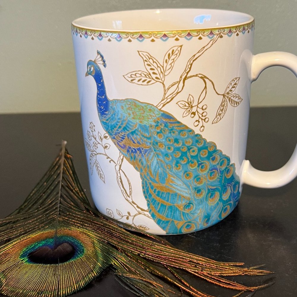 222 FIFTH Peacock Garden Fine Porcelain Oversized Floral Mug Turquoise Gold 24oz